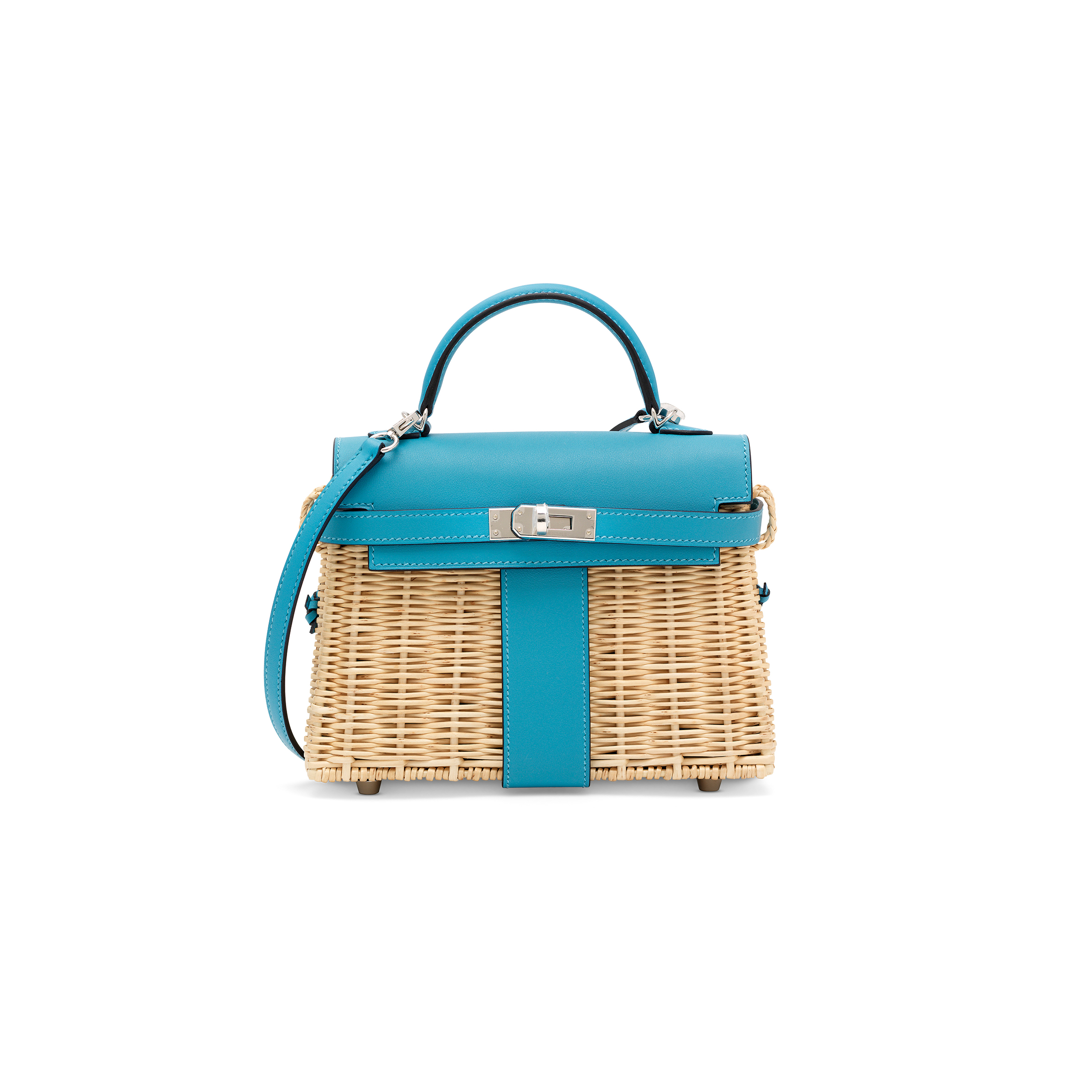 HERMÈS MASTER BLEU DU NORD SWIFT LEATHER & OSIER MINI PICNIC KELLY 20 WITH PALLADIUM HARDWARE (20*14*8cm) 